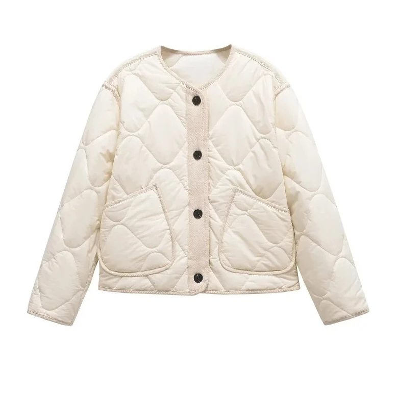

New Women Vintage Crewneck Quilted Jacket Cotton Padded Loose Casual Lightweight Chic Outerwear Basic Color
