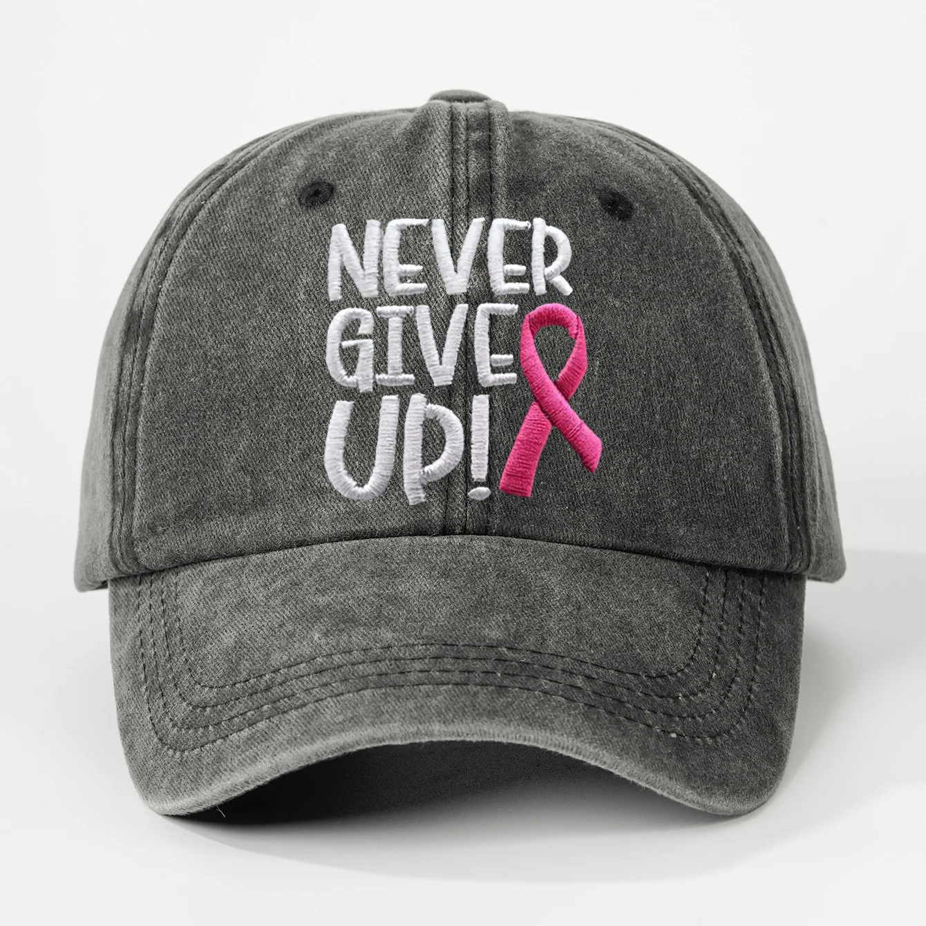 Pink Ribbon Embroidery Baseball Cap Never Give Up Breast Cancer Awareness Dad Hats Washed Distressed Adjustable Sun Hat ForWomen