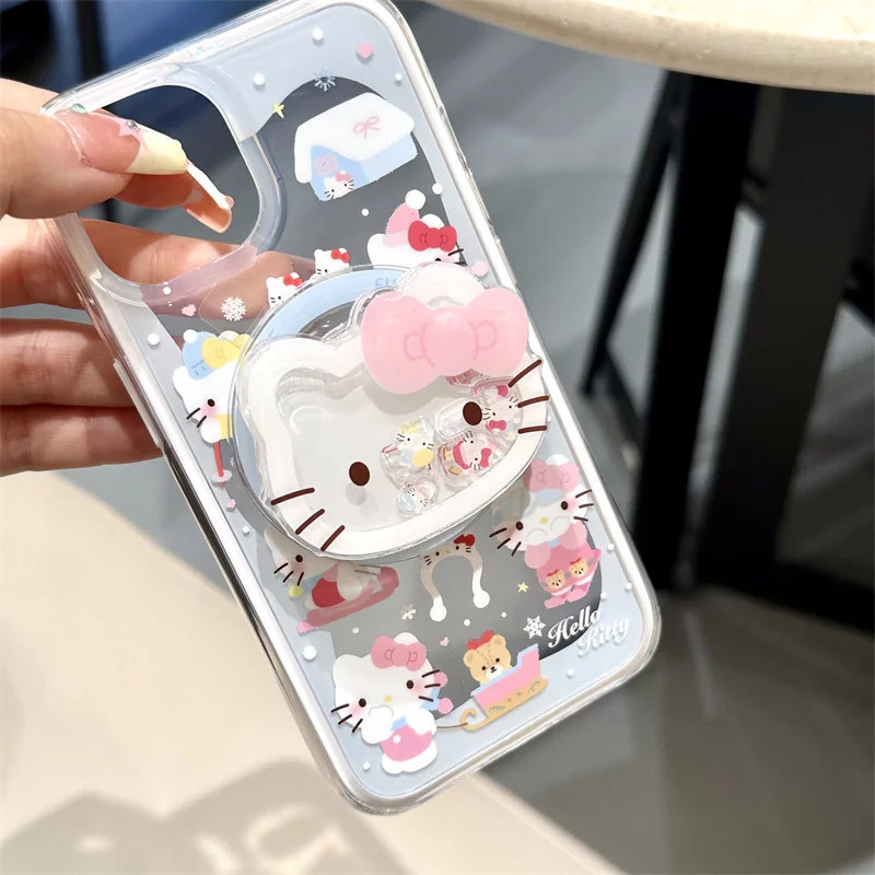 Cute Cartoon Snowflake Ski Hello Kitty Bear Magsafe Wireless Charge Case For iPhone 13 14 15 16Pro Max KT Shake Magnetic Holder