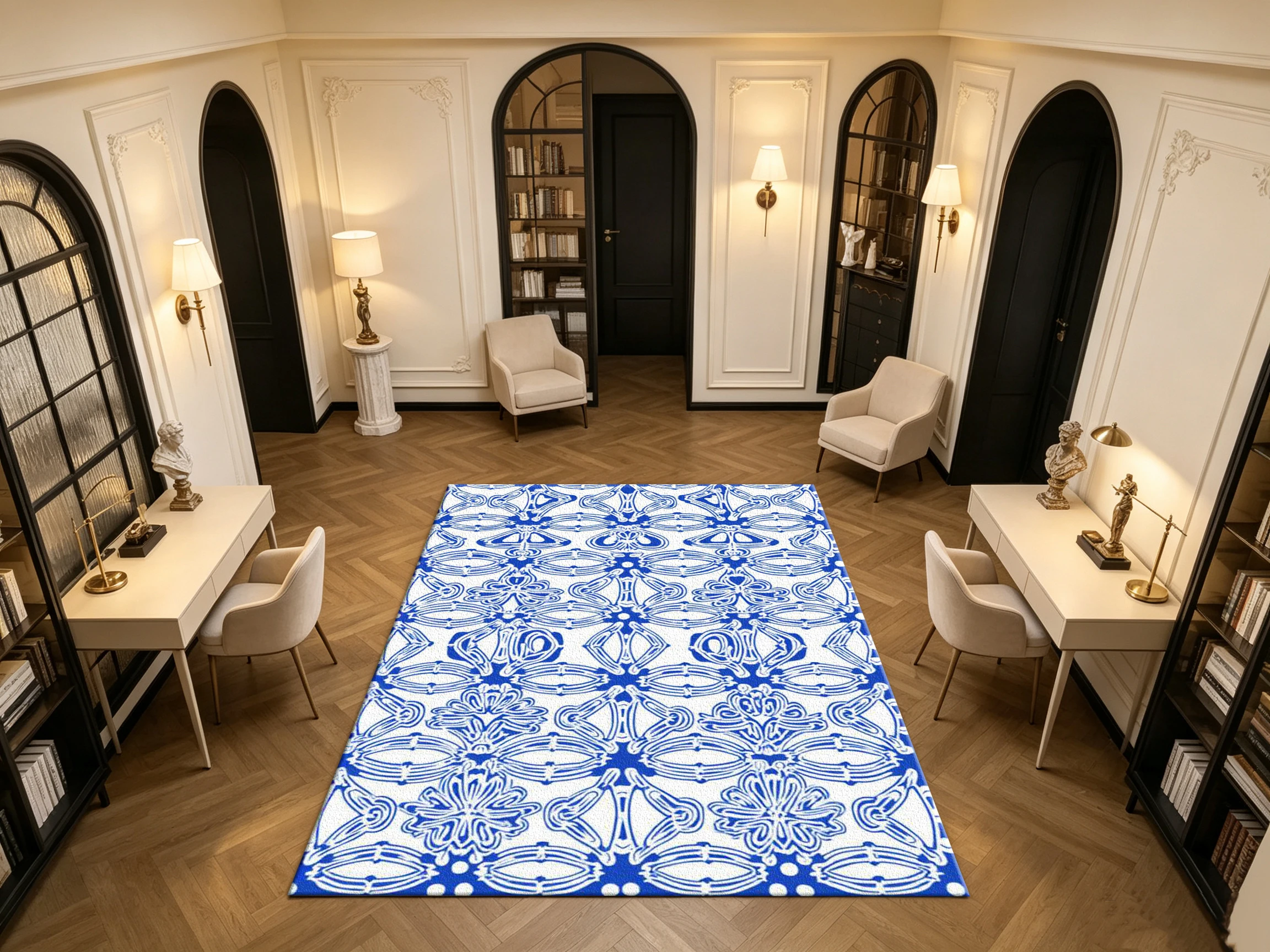 Blue White Vintage Ornate Floral Carpet Flooring Classic Household Indoor Decor Floor Rug