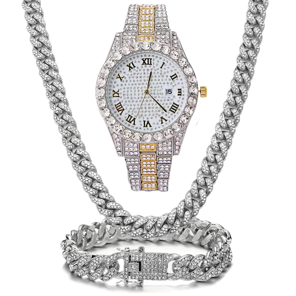 Luxury Jewelry Set Bling Iced out Cuban Chain Necklace Watch Bracelet For Man Street Club Rap Holiday Birthday Gifts Daily Wear