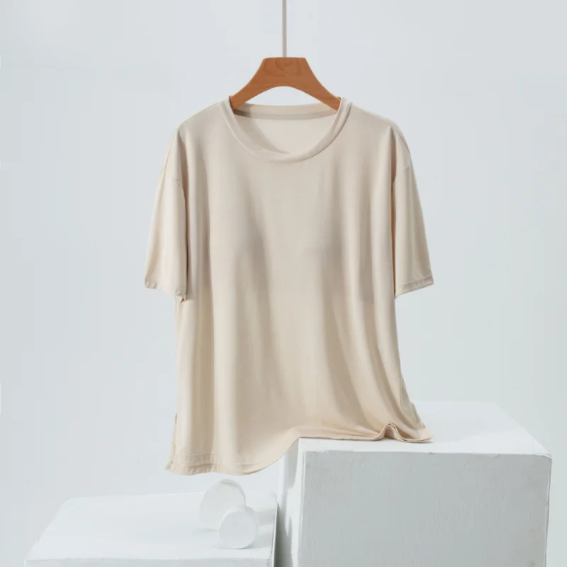 Pyjama d\'Été à Manches Courtes avec Coussinets de Poitrine, en Acétate, T-shirt Simple en Coton Doux pour la Maison, Nouveauté 2024