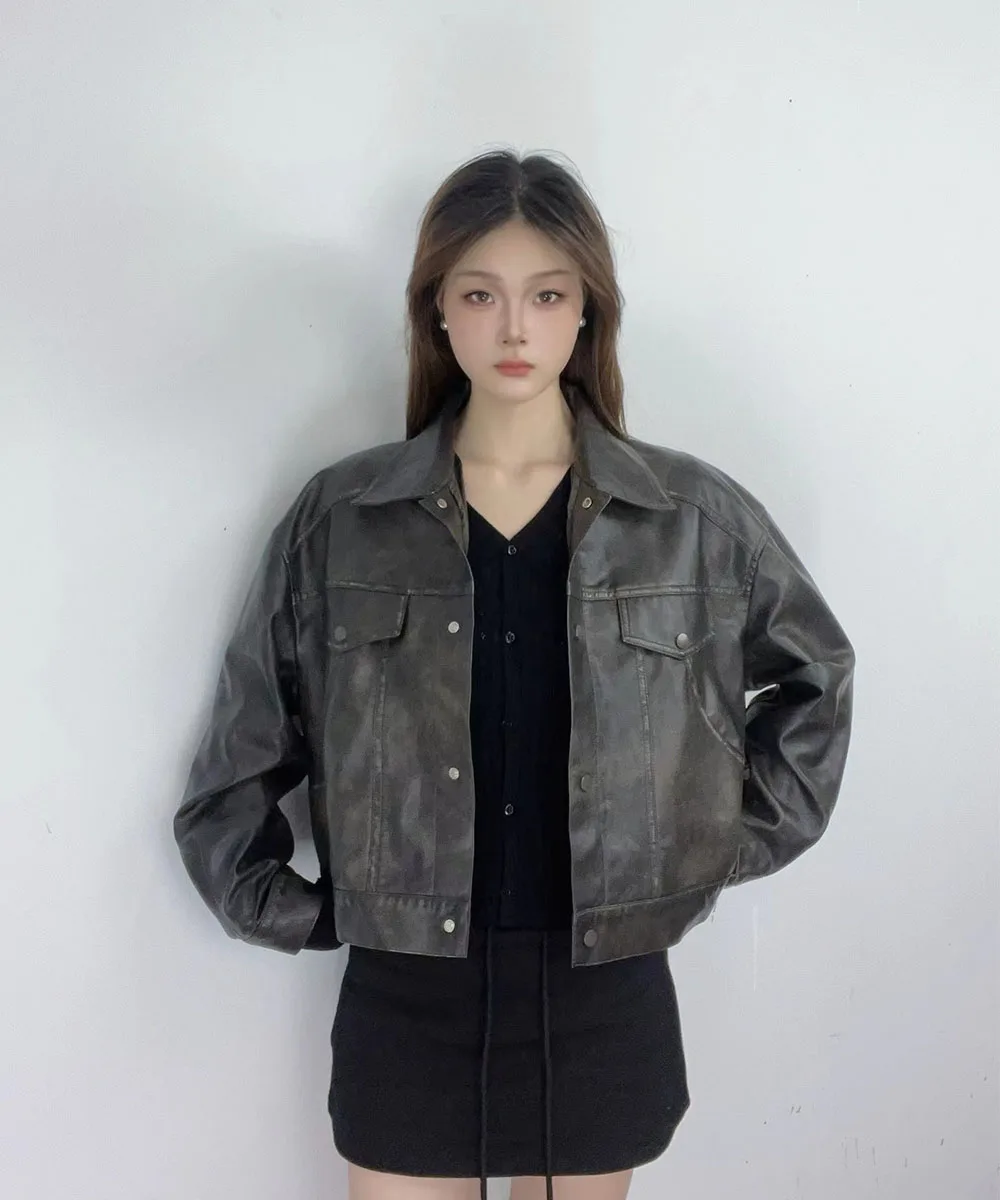 Women's 2024 New Vintage Loose Casual Lapel long Sleeve Pu Imitation Leather Short Jacket Coat Autumn Female Streetwears