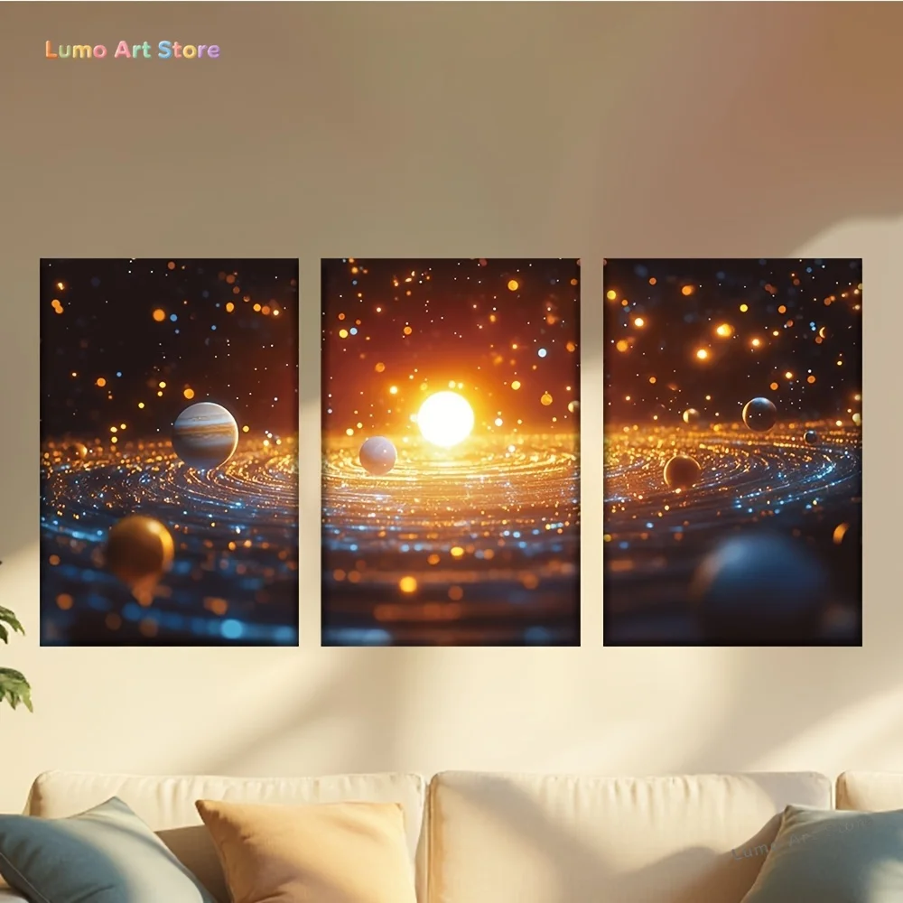 3pcs/set, Canvas painting--Unframed, solar system, with planets and stars in orbit around it. The sun is shining brightly at