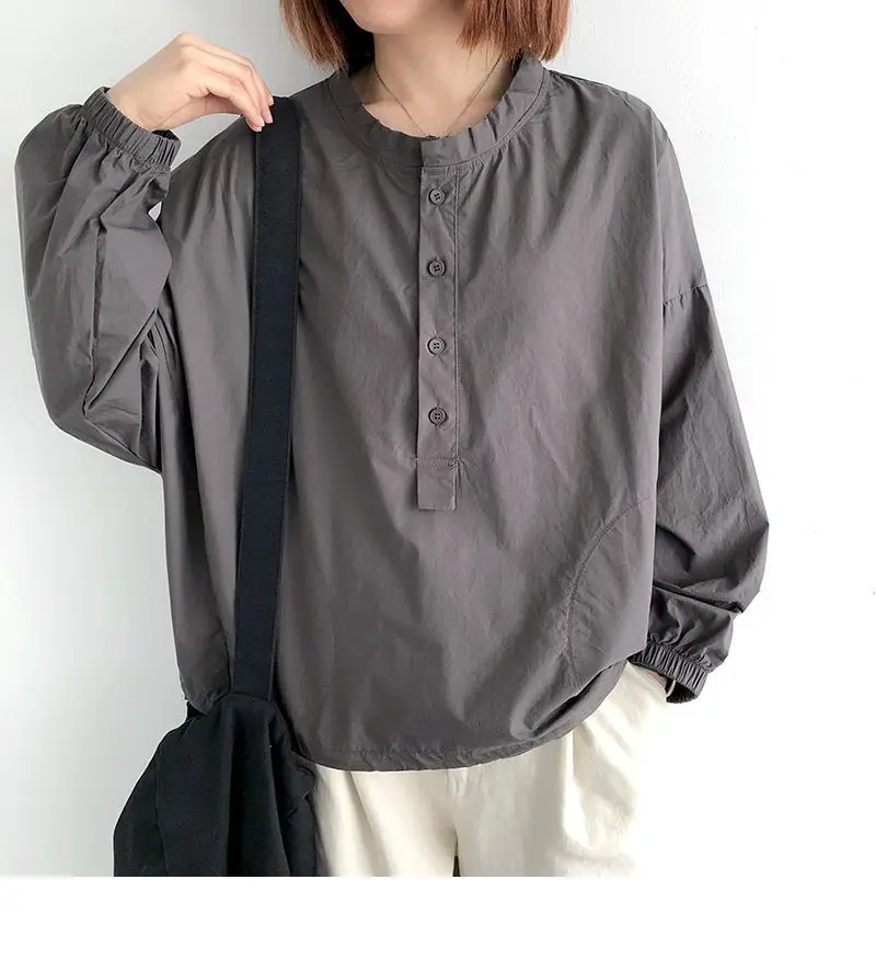 Retro de manga larga con cuello redondo para mujer en otoño nueva moda Top Casual suelta camisa de manga de talla grande a la moda