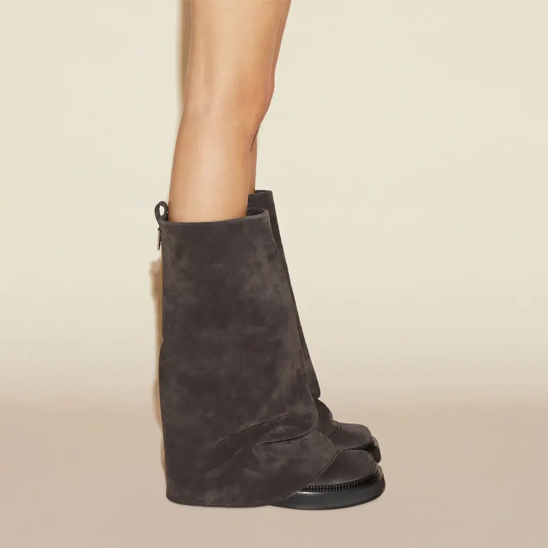 

Женские кожаные сапоги до колена на толстой подошве с плоской подошвой, сапоги средней длины с квадратным носком, плиссированные брюки и сапоги больших размеров