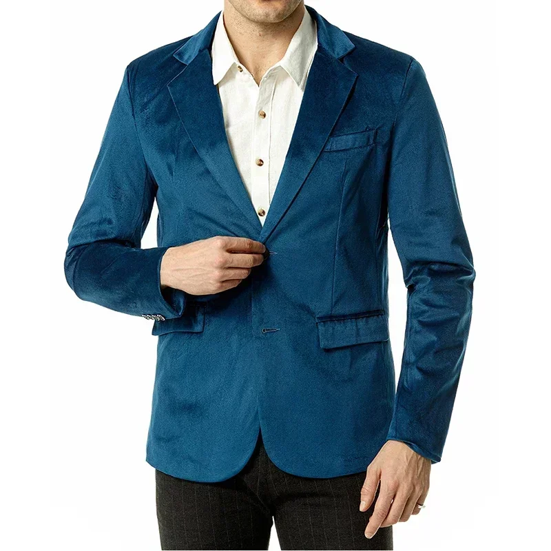 New Fashion Casual Men Blazer V-neck Velvet 2 Buttons Jacket Green Solid Color Top Coat Dress Party Banquet