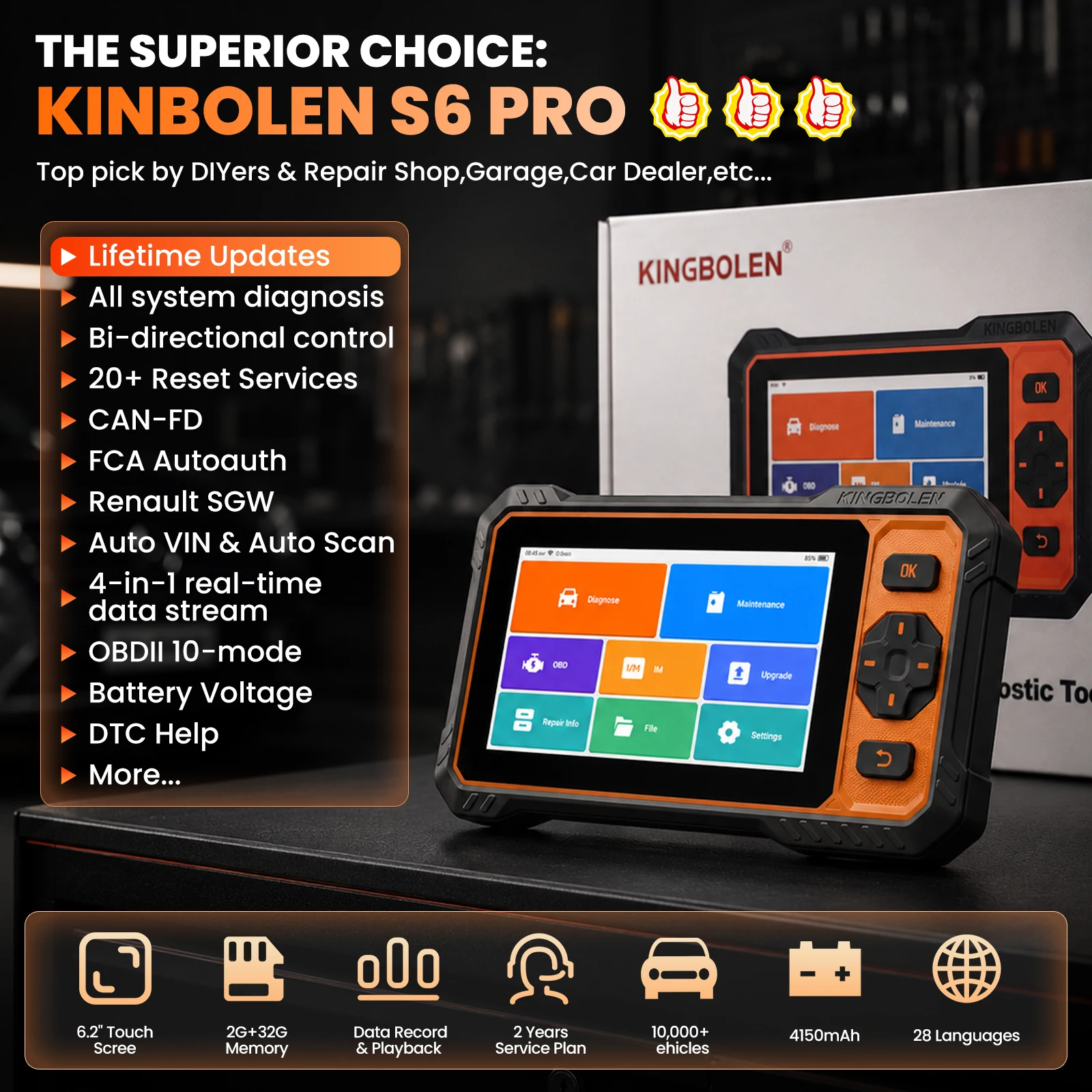 [Lifetime Free Update] 6.2inch KINGBOLEN S6 PRO All System Car Diagnostic Tool CANFD Active Test 20 Resets OBD Scanner