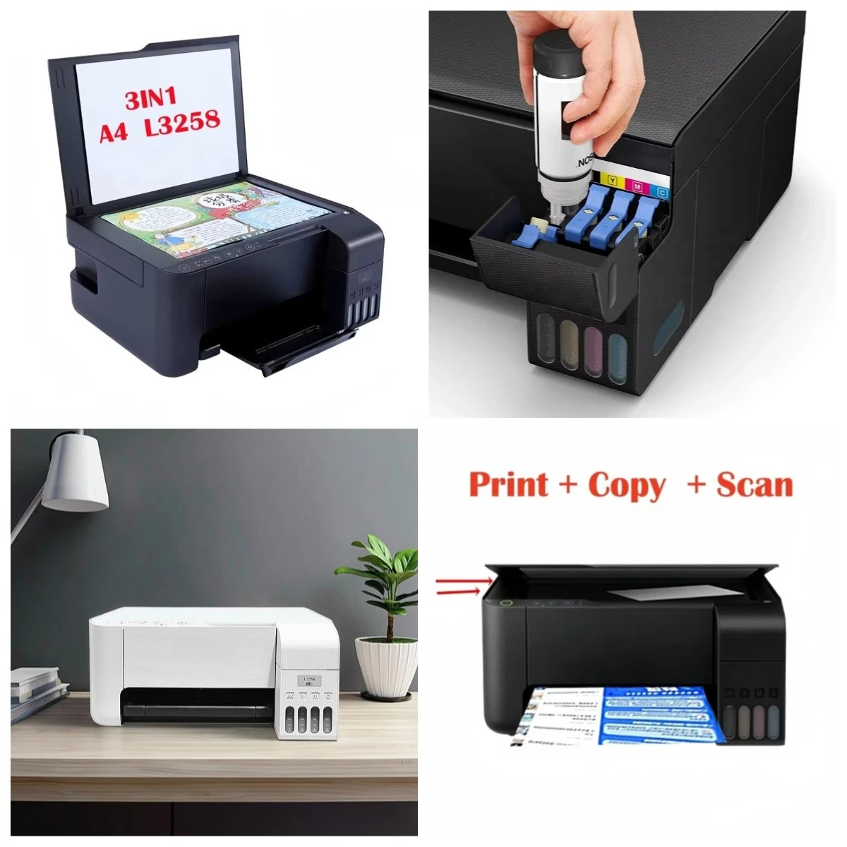 

Многофункциональное устройство WJW 3-в-1: принтер A4 L3258 с чернилами на основе красителя, функциями копирования, сканирования и печати, 4-цветная фотопечать на струйной основе