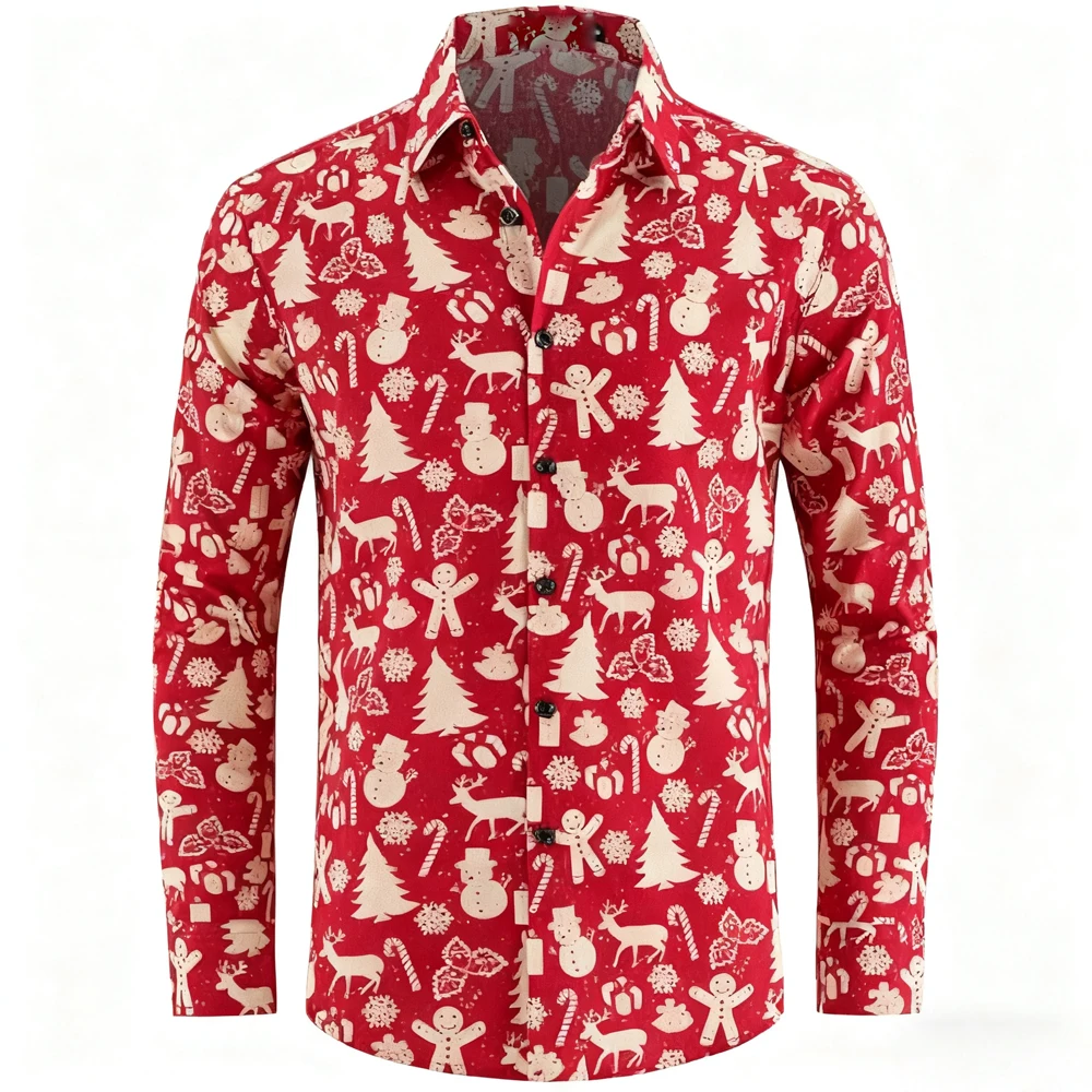

Fun Christmas Shirts for Men - Santa Claus Long Sleeve Button-Down Shirt, Reindeer Print Christmas Shirt, Perfect for Holiday