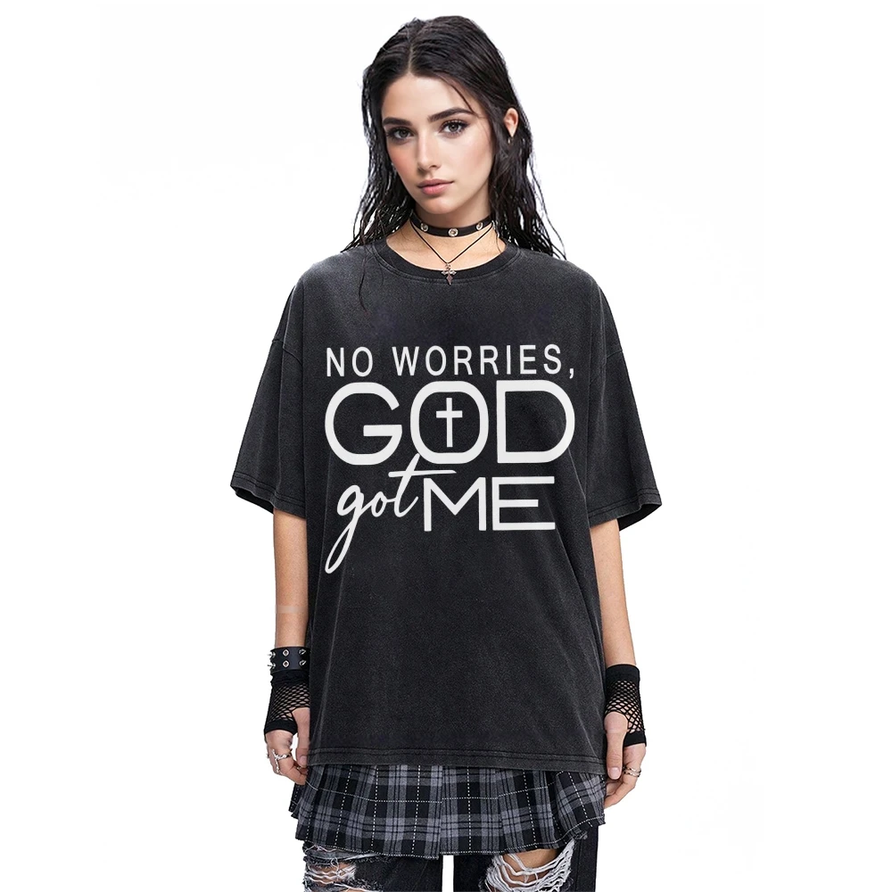 

No Worries God Got Me Футболка с принтом букв и круглым вырезом Повседневный топ с короткими рукавами Женские летние хлопковые свободные футболки с рисунком Y2K