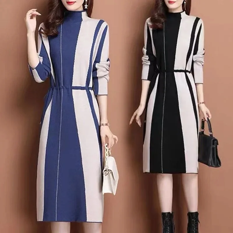 

Женское элегантное вязаное платье-свитер для женщин среднего возраста, осенне-зимнее, теплое, больших размеров, 2026