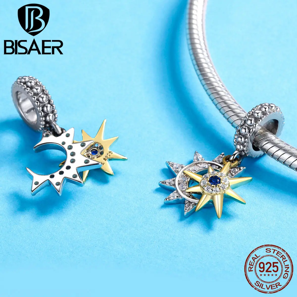 BISAER 925 Sterling Silver Bright Sun Pendant Shining Stars Charm Plated Platinum Beads Fit Bracelet Necklace DIY Fine Jewelry