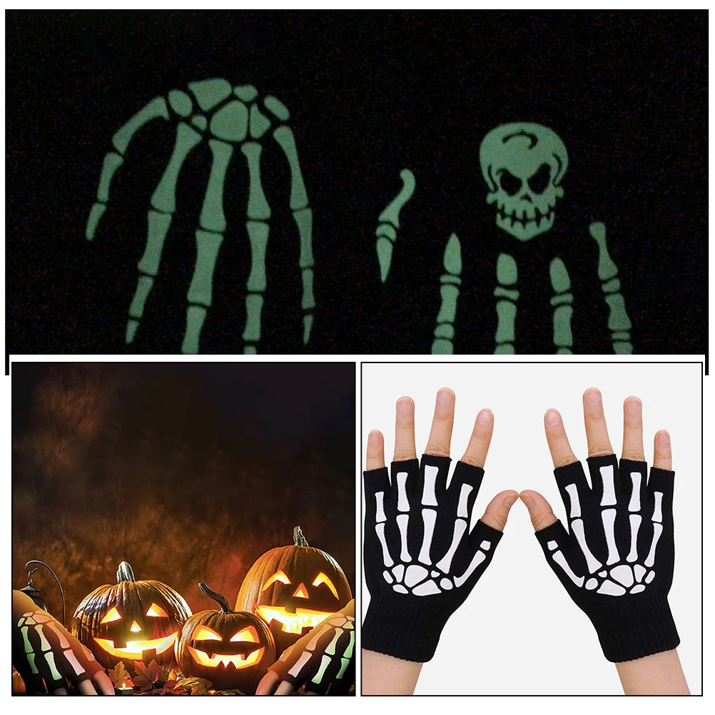 

2pcs Halloween Gloves Men Women Costume Warm Half-Finger Cycling Winter Gloves Spooky Skull Handgloves Ghost Festival