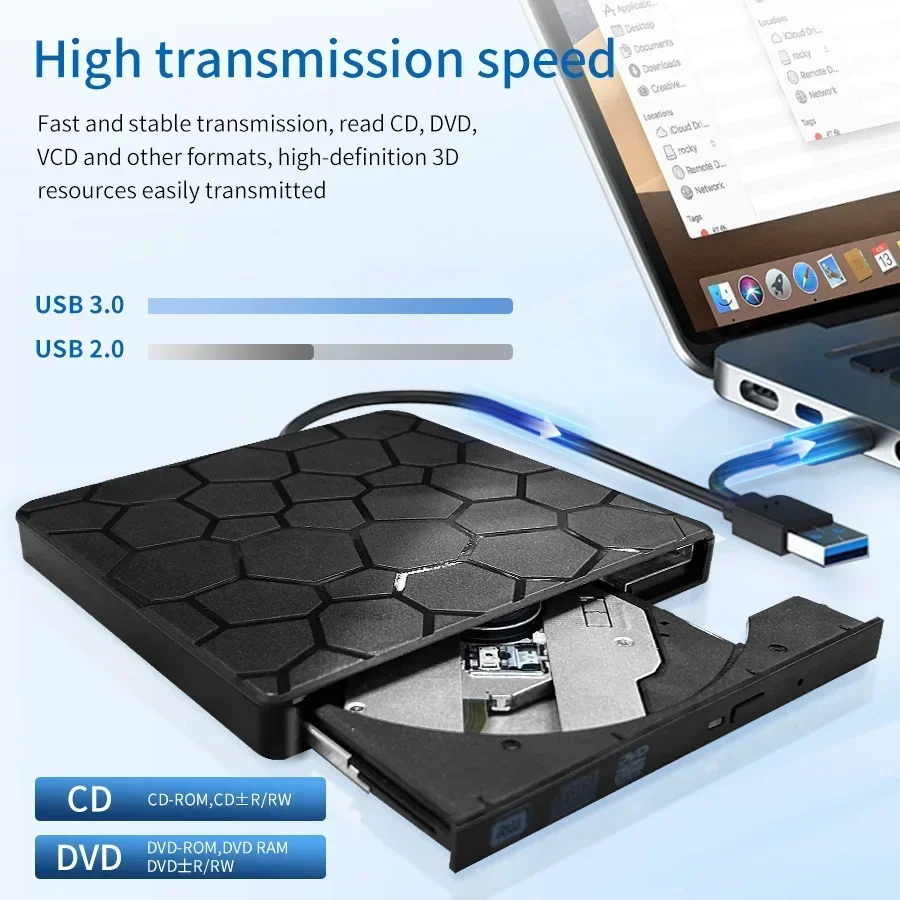 外付けDVD RWドライブ 2in1 USB 3.0 Type-C スリムDVD VCD CDライター バーナー リーダー プレーヤー 光学ドライブ ポータブル PC/ノートパソコン対応