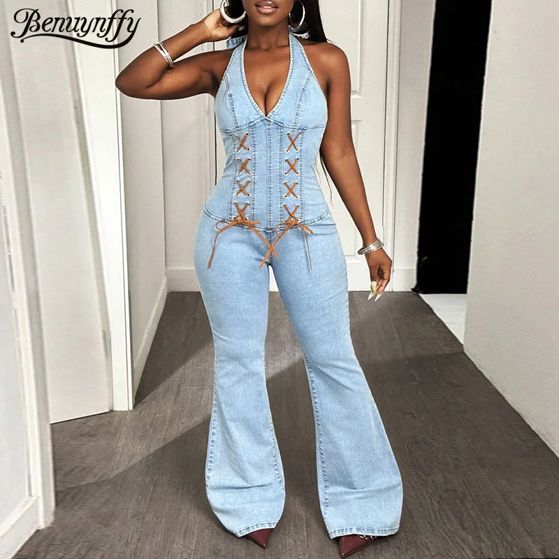 

Benuynffy, джинсовый комбинезон с глубоким v-образным вырезом на шнуровке и лямкой на шее, женский сексуальный комбинезон с завязками на спине и молнией сзади, Клубная уличная одежда