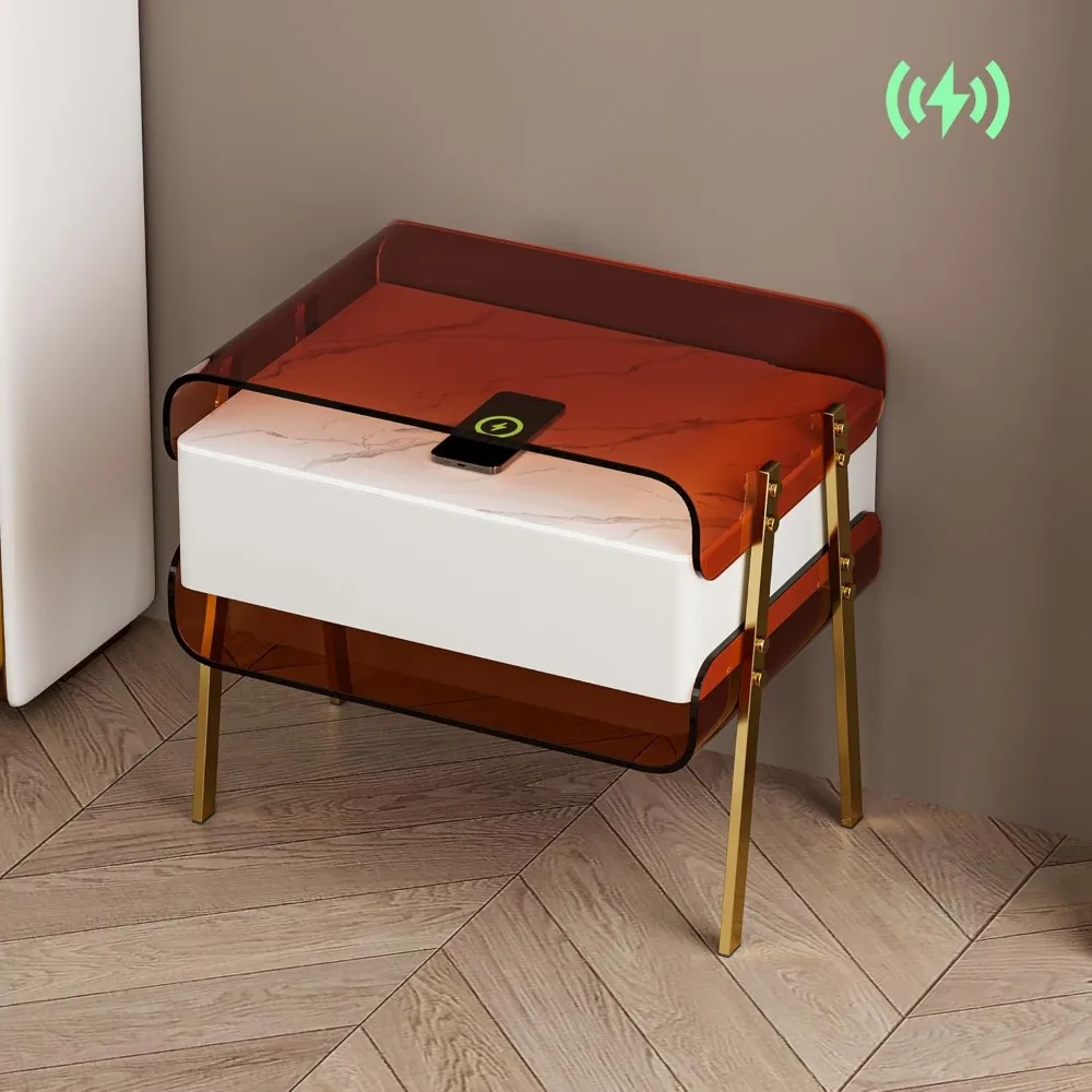 Modern beleuchteter Nachttisch mit kabelloser Ladestation, Acrylregalen und Bewegungsmelder-LED – intelligenter Nachttisch mit Leder