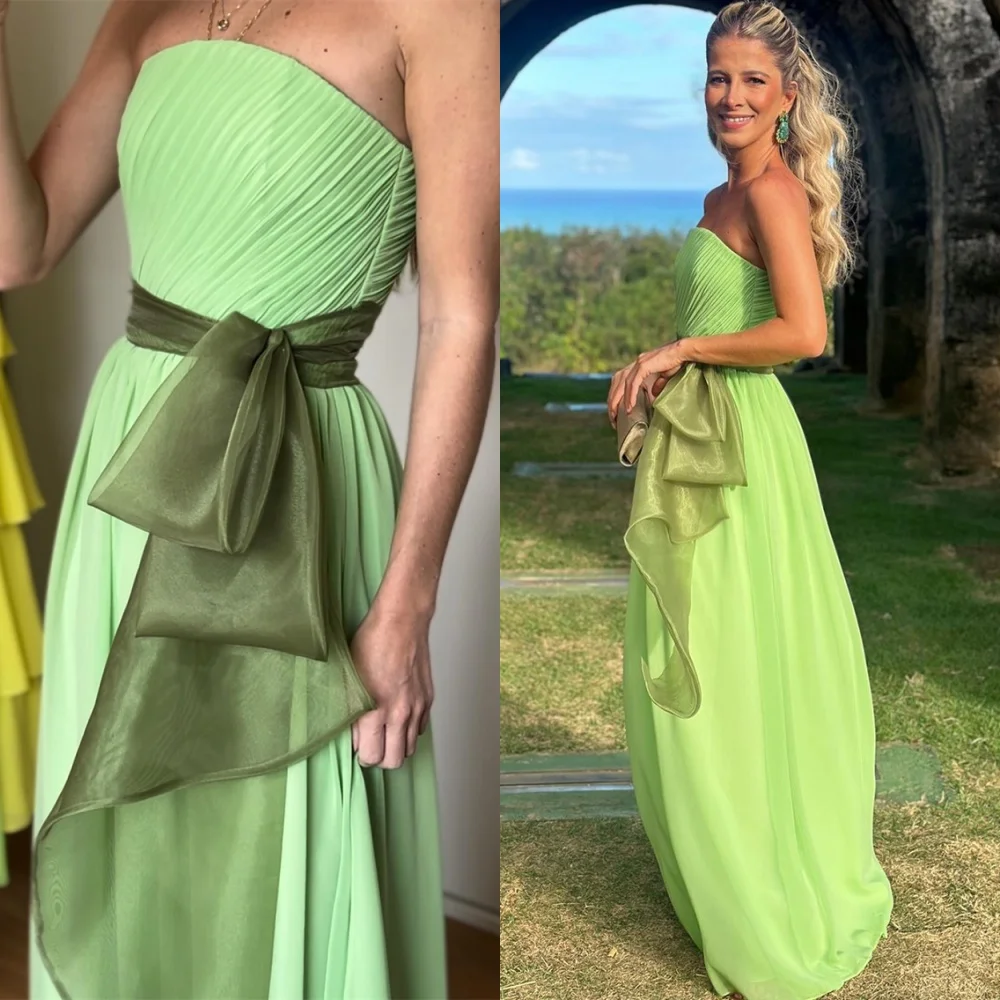 

Customized Temperament Green Chiffon Evening Dress Simple Strapless Sleeveless Celebrity Gowns Exquisite Homecoming Dresses