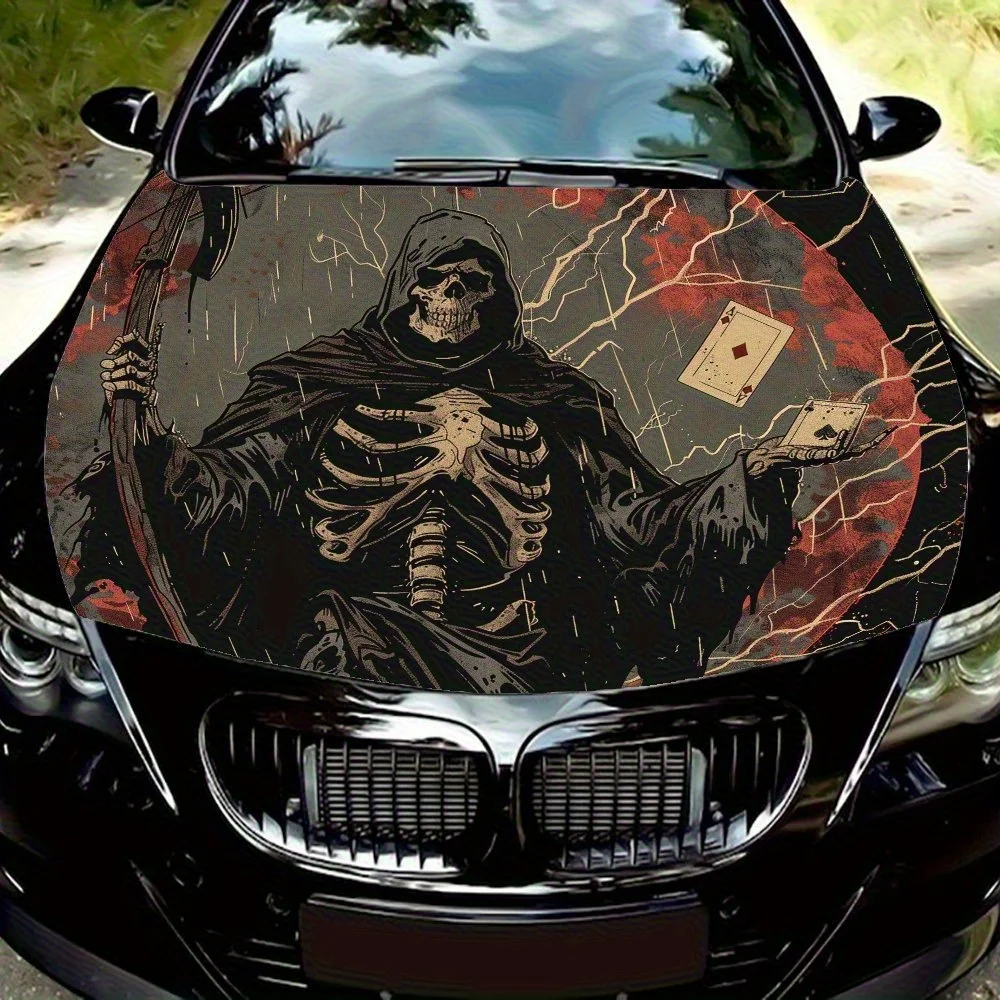 

The Grim Reaper Holding Cards， Car Engine Hood Stickers - Durable Vinyl Coating, Lightning Design，Suitable For Most Vehicles, Pr