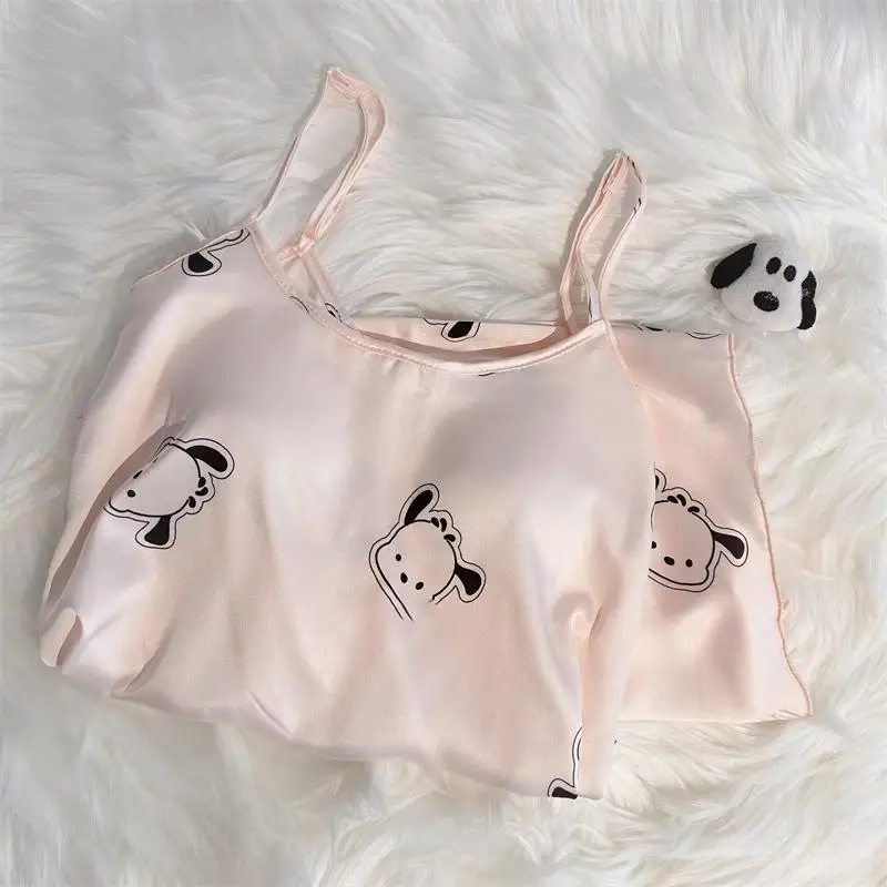 2023 New Pochacco Simulation Silk Pajamas Sling+Shorts Summer Ladies Can Be Worn Outside Home Wear Suit Women Kawaii Anime Gift