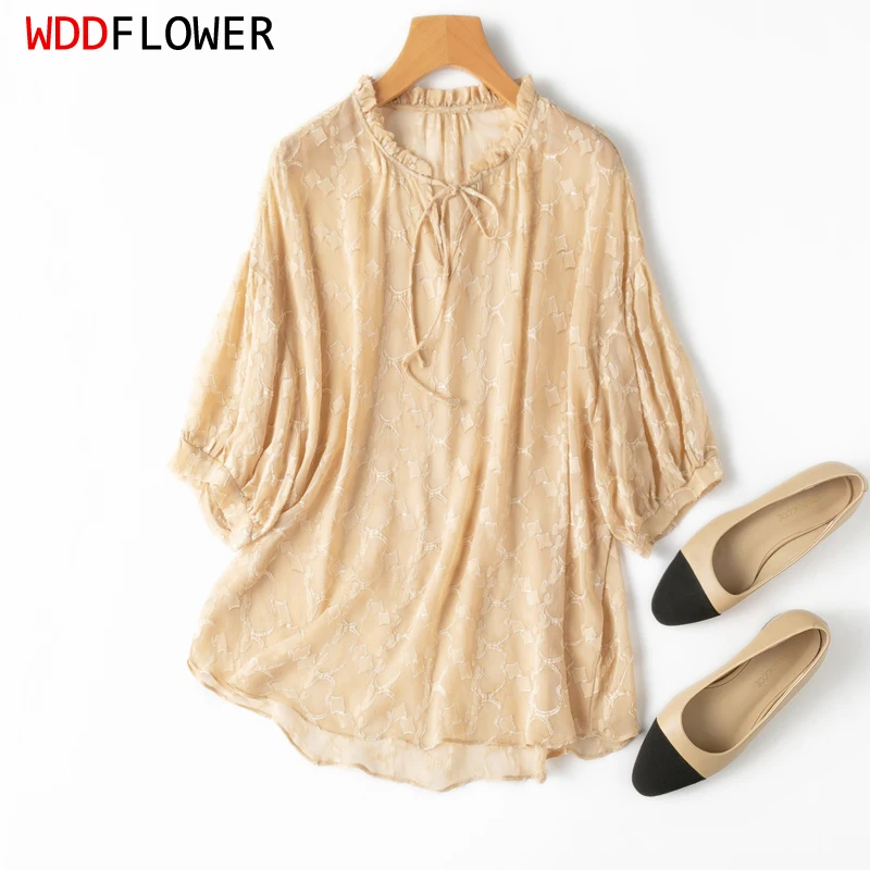 Women Silk Blouse 100% Mulberry Silk Beige Jacquard Transparent Loose Type Ruffles Neck Lantern Short Sleeve Shirt Top M1099