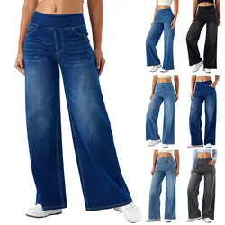 Women Jeans Denim Pant Wide Leg Long Pants Y2k Streetwear Elastic Waist Straight Trousers Elegant Mom Jeans Temperament Casual