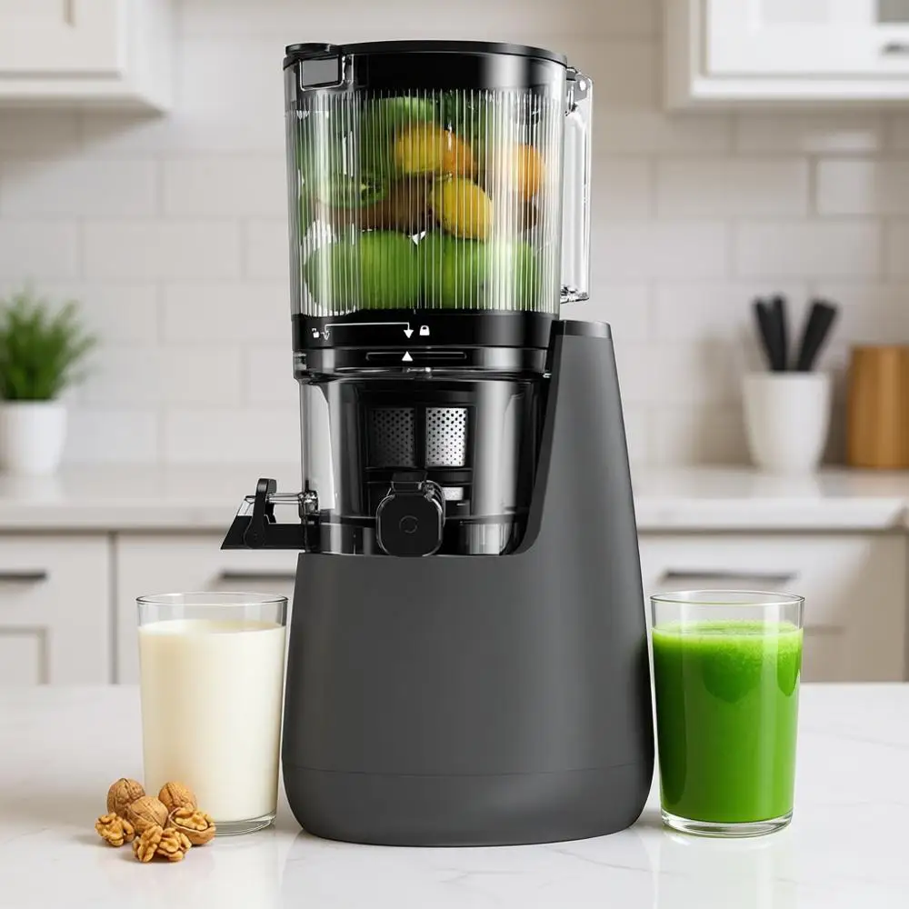 

Соковыжималка холодного отжима, 6-дюймовый широкий загрузочный отверстие, медленное отжимание, мощный двигатель переменного тока, система предварительной очистки, без BPA, сменные фильтры для сока