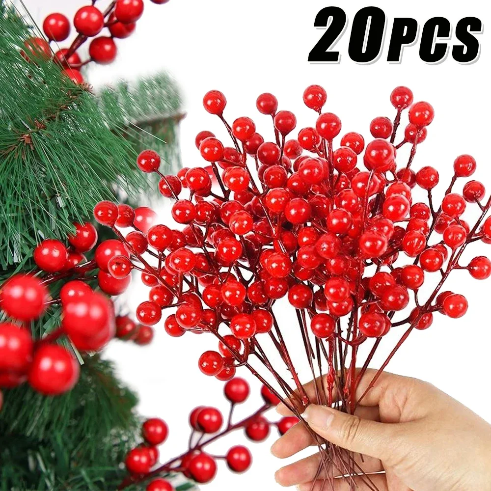 20/1Pcs Artificial Red Berry Branches Christmas Tree Holly Berries DIY Xmas Tree Wreath Table Ornaments For New Year Party Decor