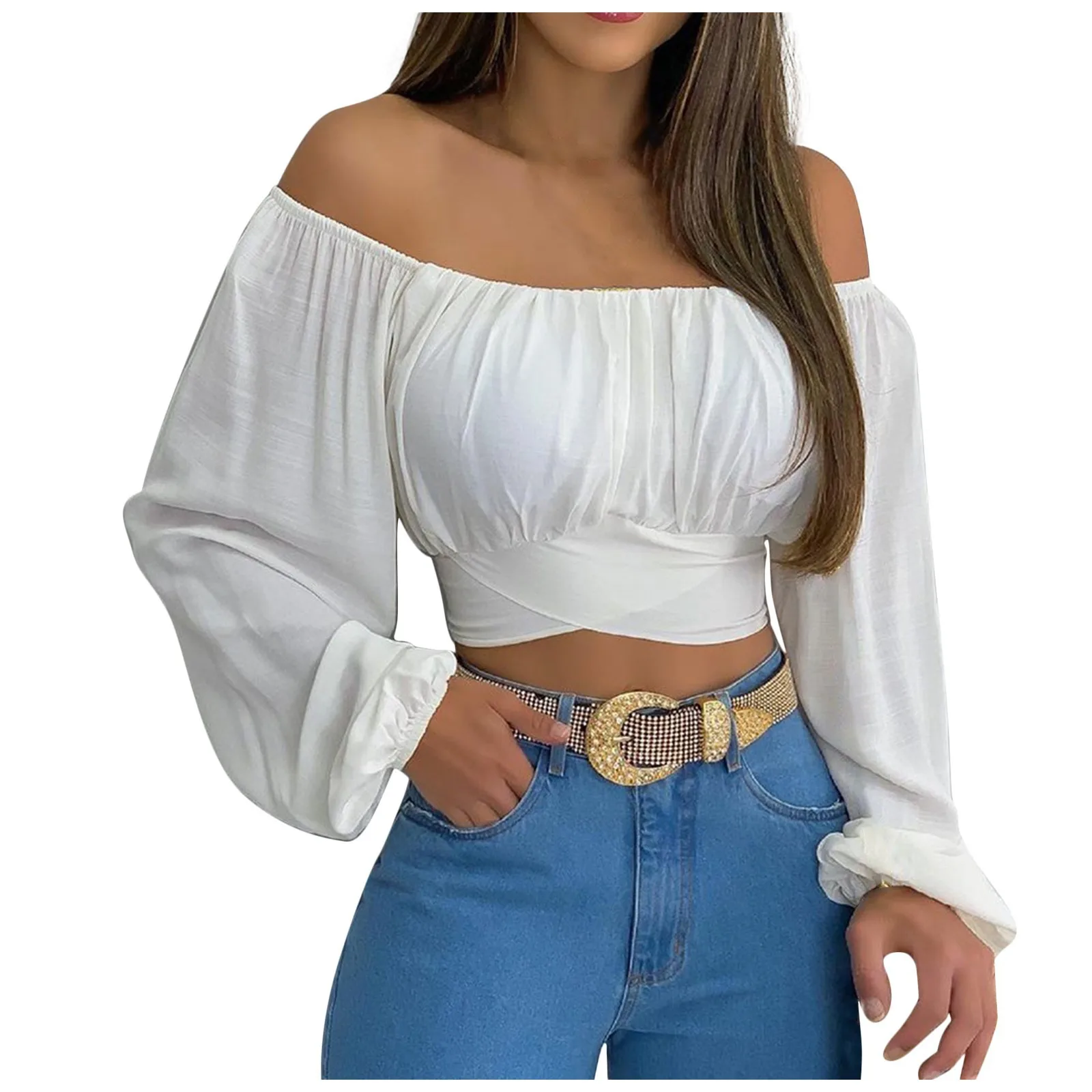 Women's Cute Off Shoulder Long Sleeve Self Tie Knot Crop Tube Top Blouse Summer Sexy Elegant Office Lady Shirt