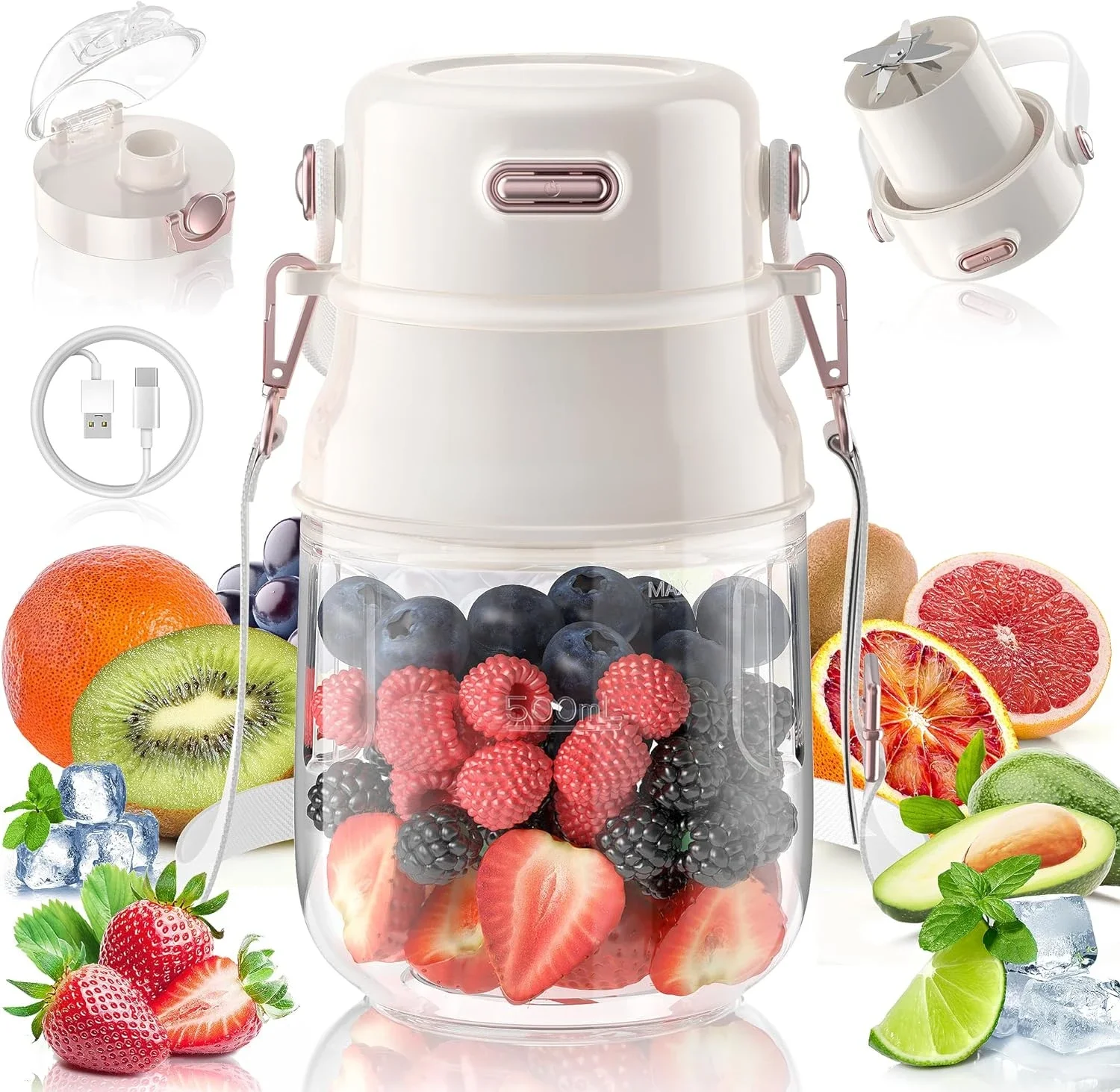 Blender for Shakes & Smoothies 27oz Cordless Personal Juicer with Lid and Shoulder Strap, 10 Sharp Blades for Powerful Blend