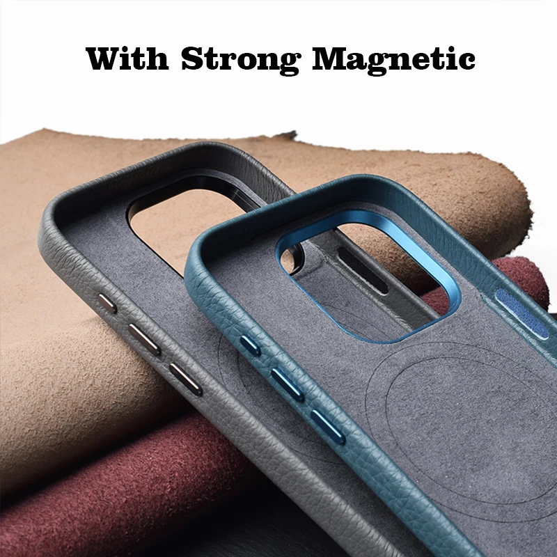 Genuine Leather Case For iPhone 15 Pro Max Luxury Real Skin Phone Back Cover For Apple iPhone 15 Pro Magnetic Grey Color Blue