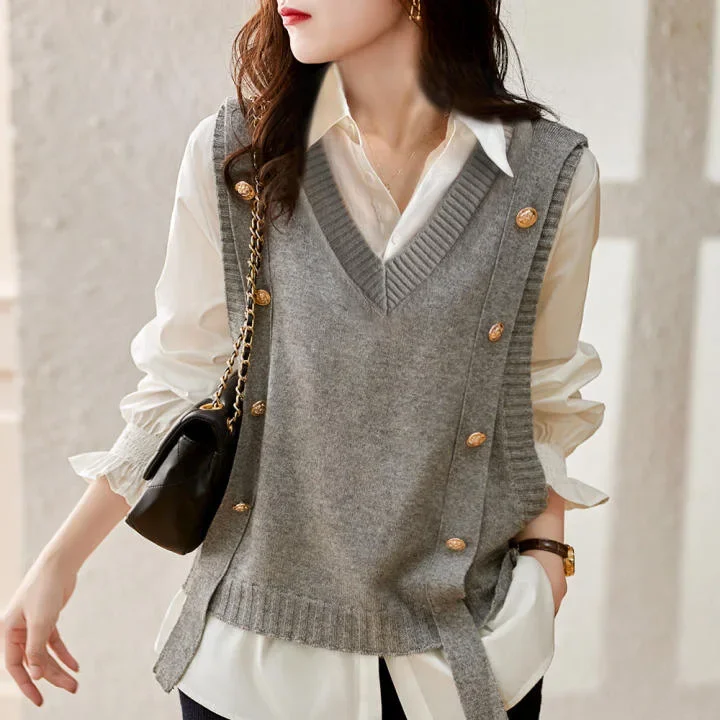 Women's Spring Autumn 2021 New Sweater Top Age-reducing Crew Neck Sleeveless Pullover Shirtvest