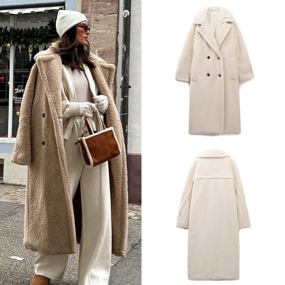 2024 Winter Women Casual Solid Coat Double Breasted Fleece Coat Loose Fit Long Coat Women Vintage Oversized Long Jacket