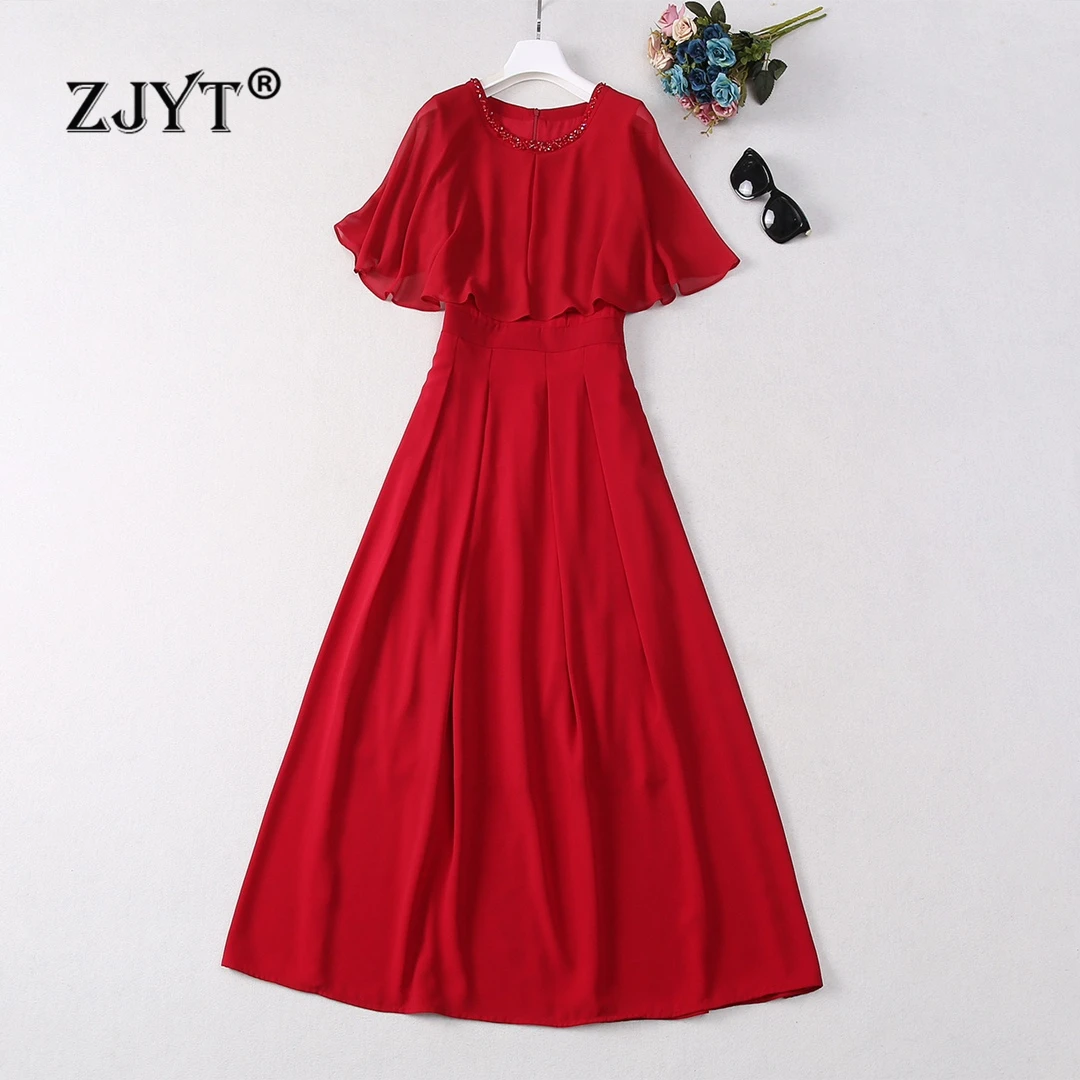 

ZJYT Elegant Cloak Sleeve Red Party Long Dresses for Women Summer Designer Beading O Neck Special Occasion Dress Female Clothes