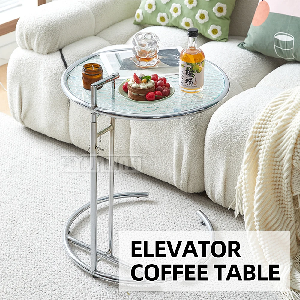 Lifting Transparent Coffee Table Stainless Steel Glass Round Household Sofa Side Table Coffee Table