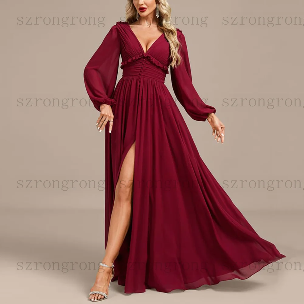 التخصيص الخامس الرقبة فساتين السهرة الطية الجانب الشق كم كامل ثنيات Ruched الشيفون فستان حفلات بسيط طويل فستان وصيفة الشرف