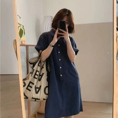 Summer Slimming Cotton Linen Dress Women's Artistic Simple Versatile T-Shirt Dress Straight Casual Cotton Linen Shirt Dress