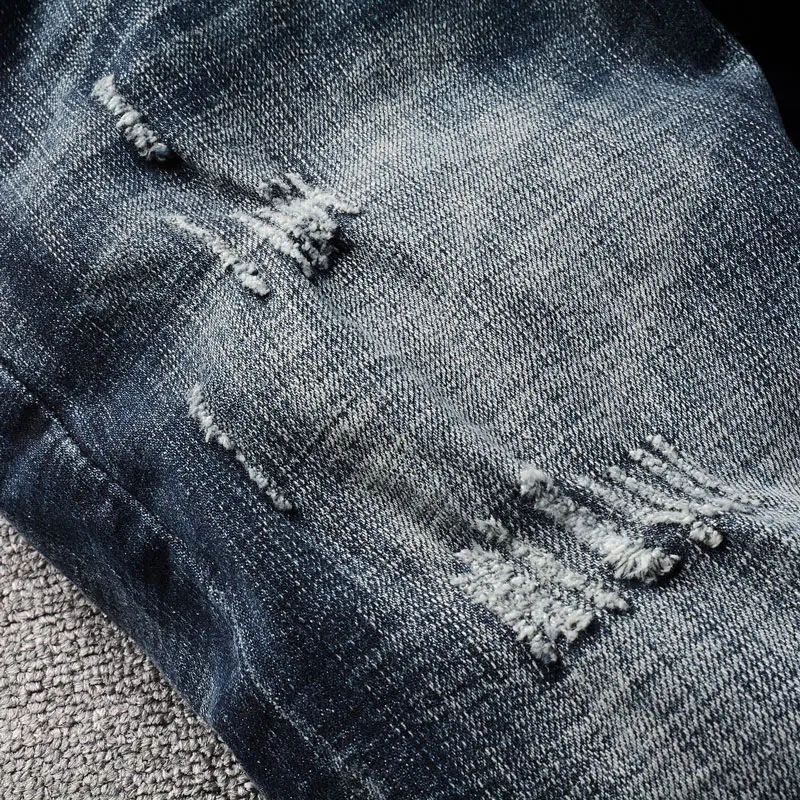 Italian Style Fashion Men Jeans High Quality Retro Black Blue Elastic Slim Fit Ripped Jeans Men Vintage Designer Denim Pants