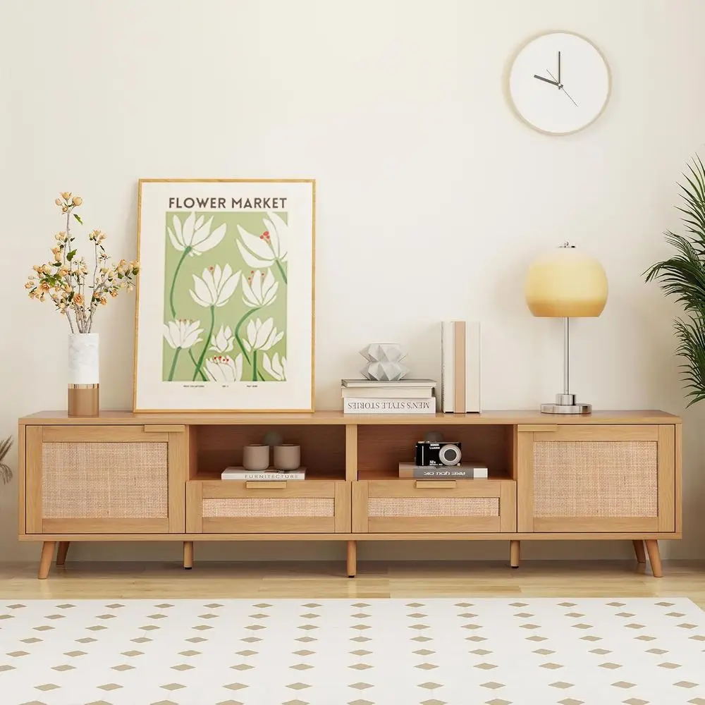 Rattan TV Stand or TVs up to 85'', Boho Entertainment Center with 2 Do& 2 Ders, Solid Wood eet, Vintage ole Table or Living Room