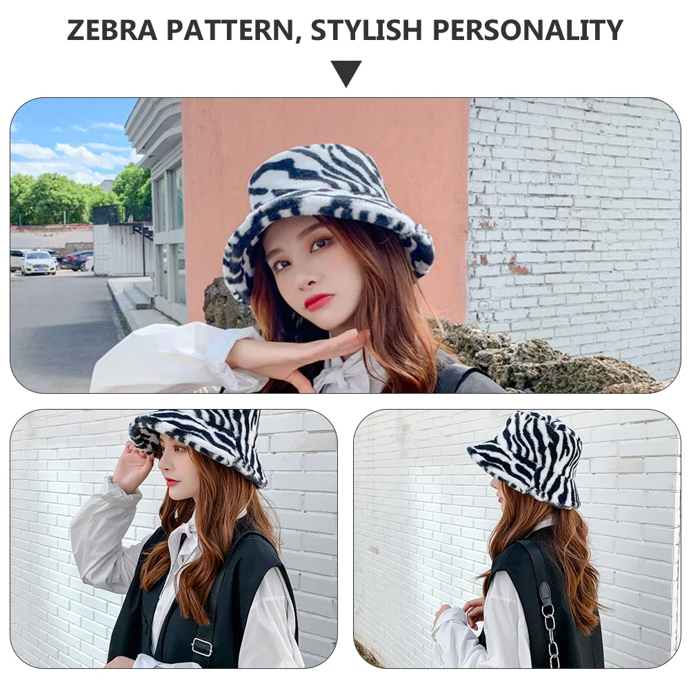 Zebra Bucket Hat Ladies Sun Fisherman Fur Fuzzy Windproof Rabbit Miss Warm