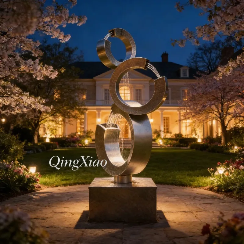 Mirror Polished Circular Ring Water Curtain Stainless Steel Fountain Sculpture Custom Modern Art Outdoor Public Square Landscape