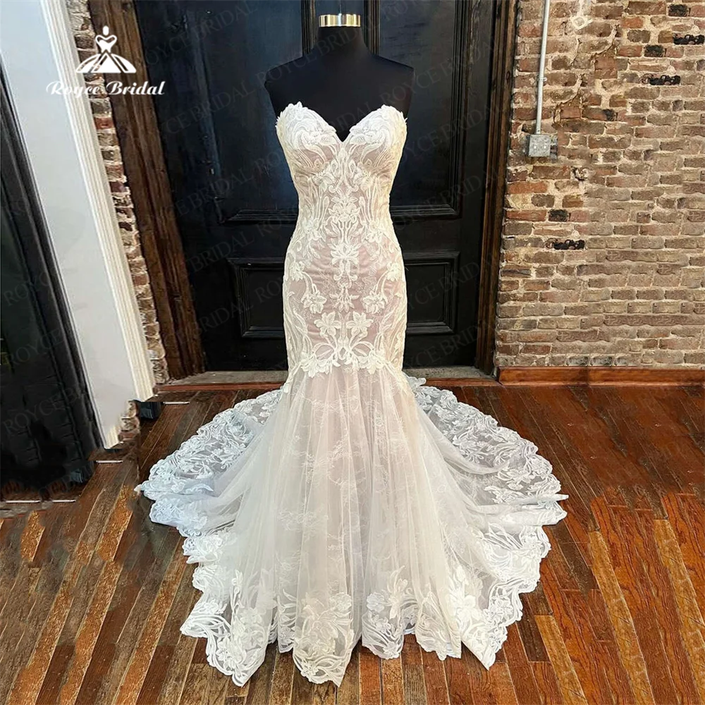 

Gorgeous Sweetheart Strapless Mermaid Wedding Dress Tulle Lace Applique 2024 Unique Bridal Gowns düğün elbisesi For Women