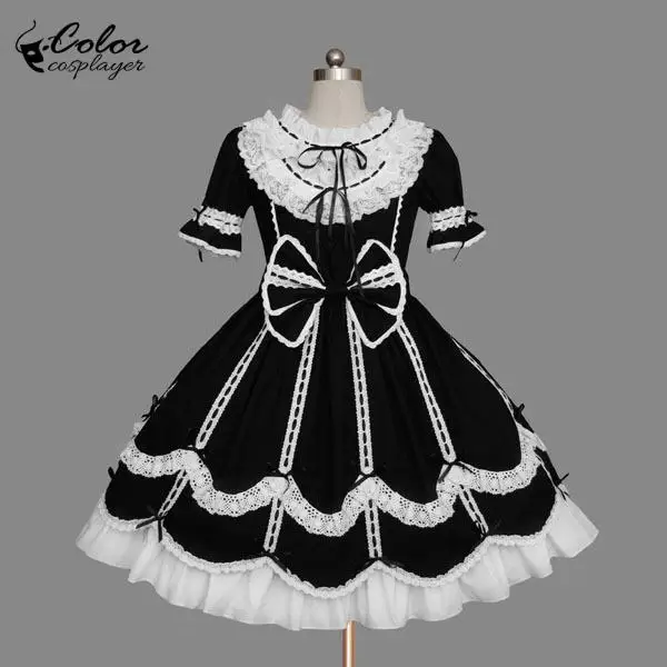 

Black Bow Lolita Classical Vintage Women Dress Medieval Princess Dress Short Sleevd Royal Court Lady Gown Carnival Anime Robe