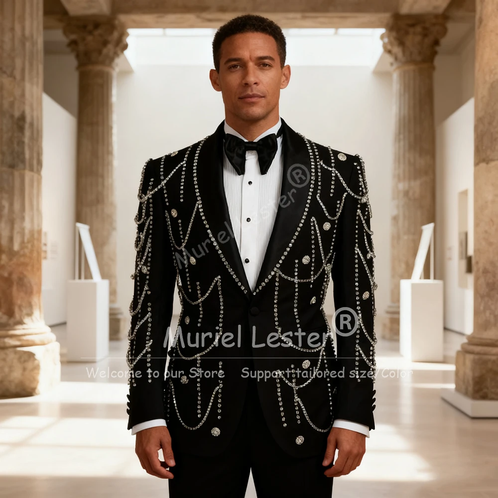 

Luxury Diamond Beaded Suit Attire For Men Single Breasted Jacket Pants 2 Piece Set Customized Groom Wedding Tuxedos Man Blazers