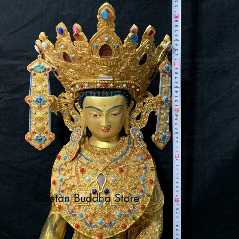 70cm Enlightenment Buddha Copper Gilt Inlaid Buddha Statue Home Painted Family