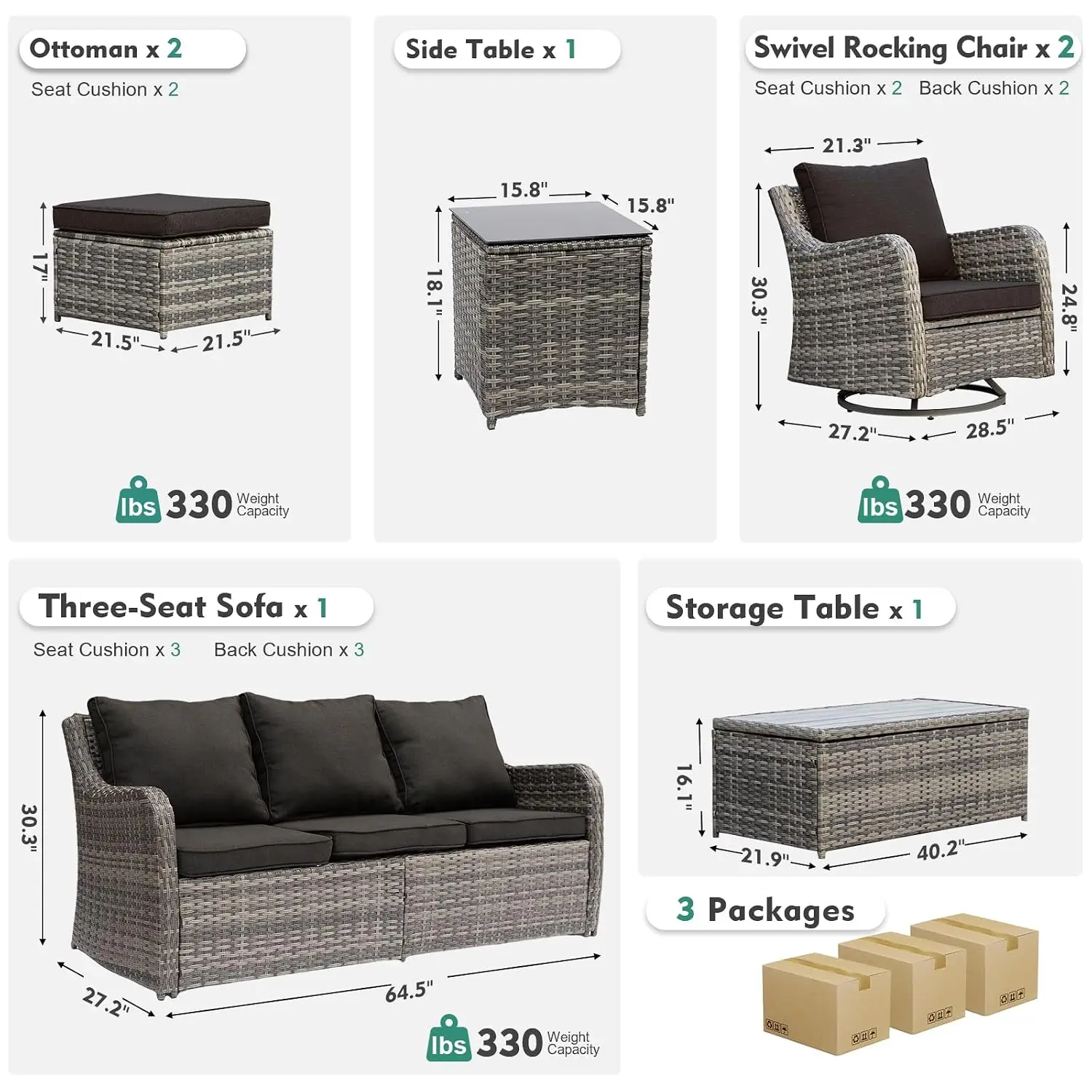7-Piece Patio Furniture Set with Swivel Rocker Chairs, Outdoor Sectional Sofa, 2 Ottomans & Coffee Table, Customized