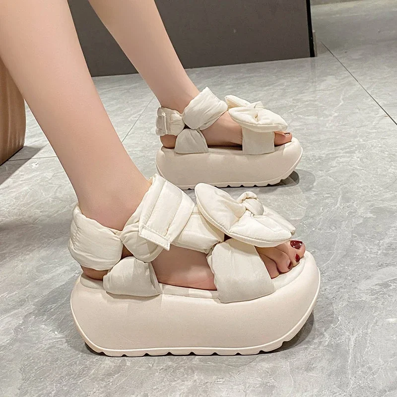 New Big Bowknot Feather Cotton Bread Sandals for Women\'s 2024 Summer Hook & Loop 7cm High Platform  Sandal Casual Beach Shoe