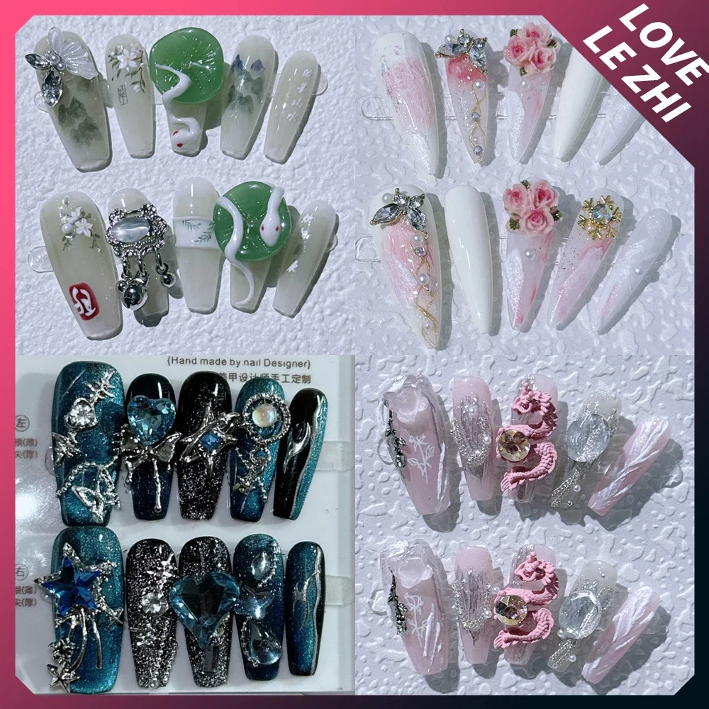 

New Long Coffin 3D Chinese Style Rose Dragon Press On Fake Nails Nude Butterfly Bow with Stars Full Cover Nail Tips Wholesale