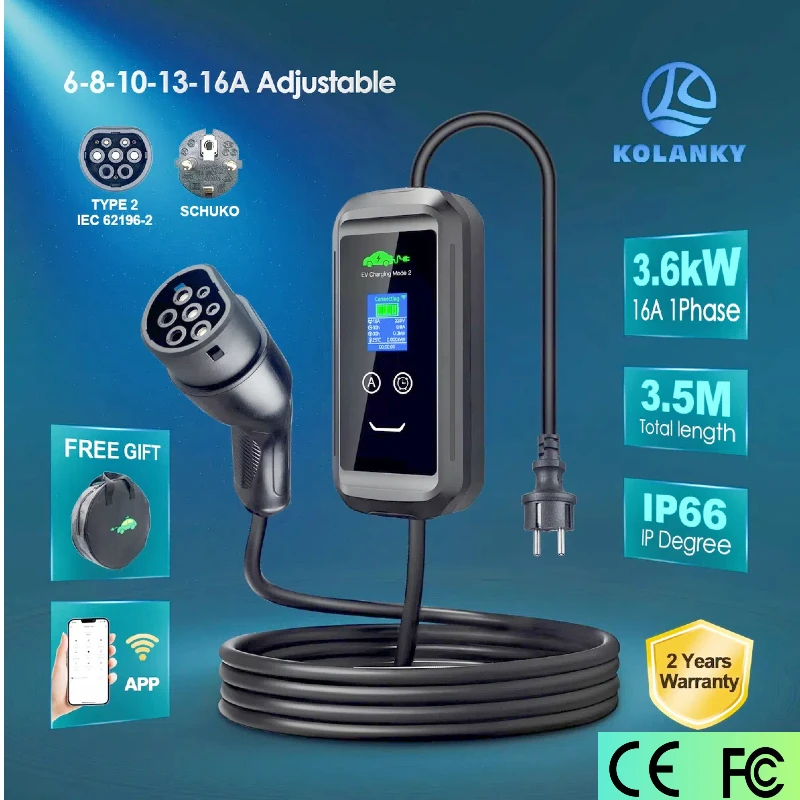 

Портативное зарядное устройство Type2, кабель всего 3,5 м, 3,6 кВт, 16 А, EV IEC62196, таймер, регулировка зарядного устройства EVSE, вилка электромобиля PHEV SCHUKO
