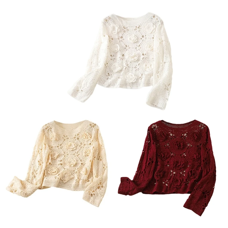 Fashionable Crochet Hollowed Sweater Cover Up for Women Soft Cotton Knit Elegant 3D Flower Long Sleeve Pullover Crop Top